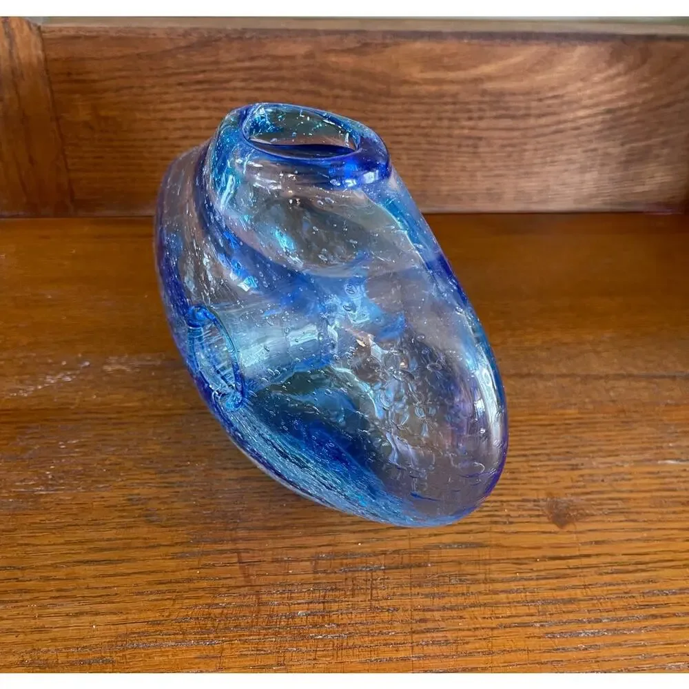Italian Art Glass Vase with Donut Hole Blue Ribbon Swirls Hand Blown 7